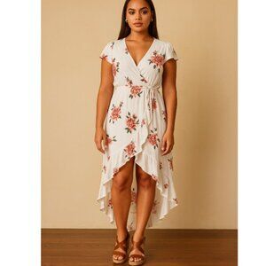 Altar'd State Andres Cream Floral High Low Surplice Faux Wrap Maxi Dress Size Sm